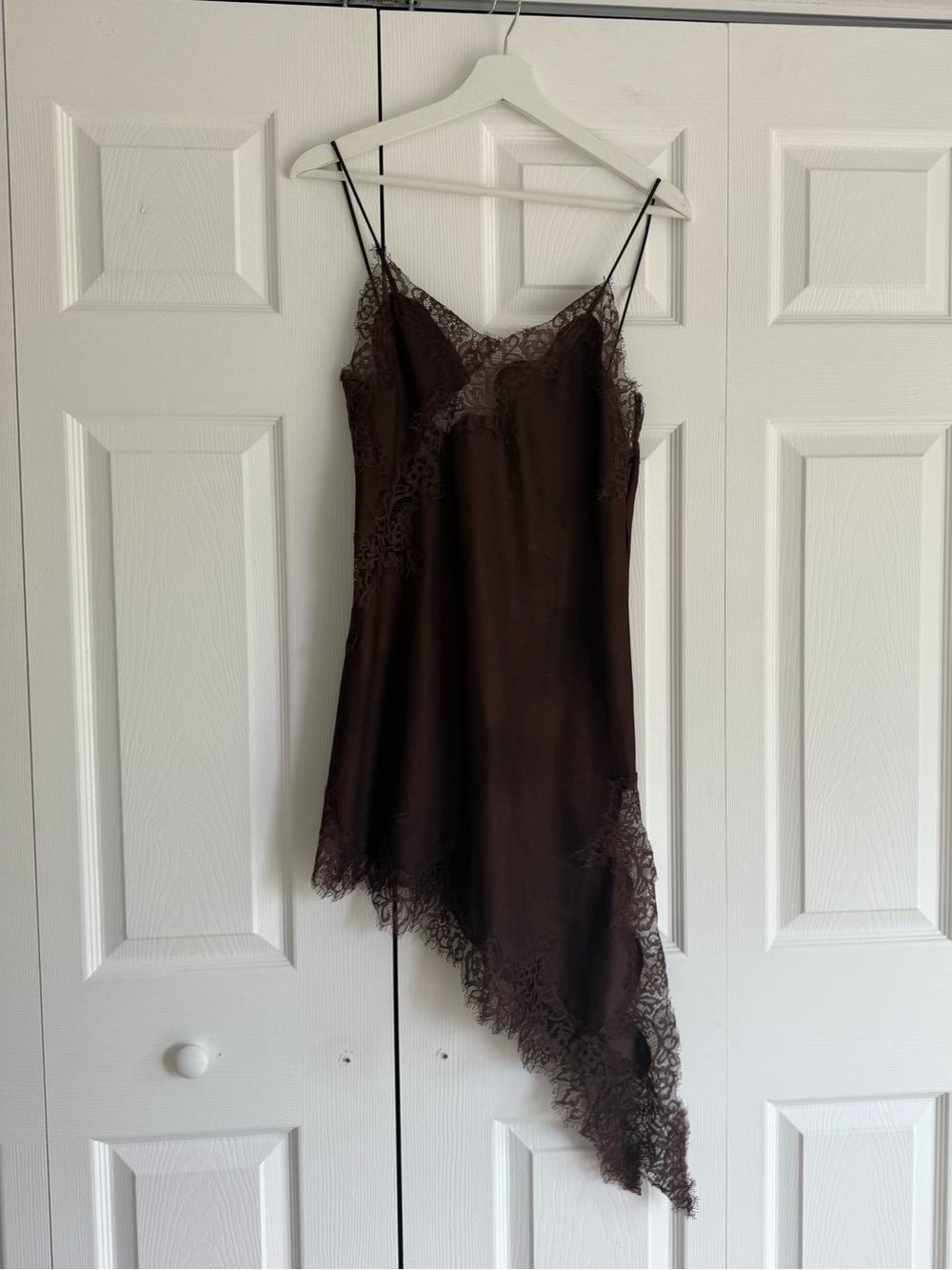 Zara Lace Trim Asymmetric Slip Dress in Dark Brown